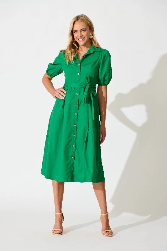 Adrienne Midi Shirt Dress in Green Cotton