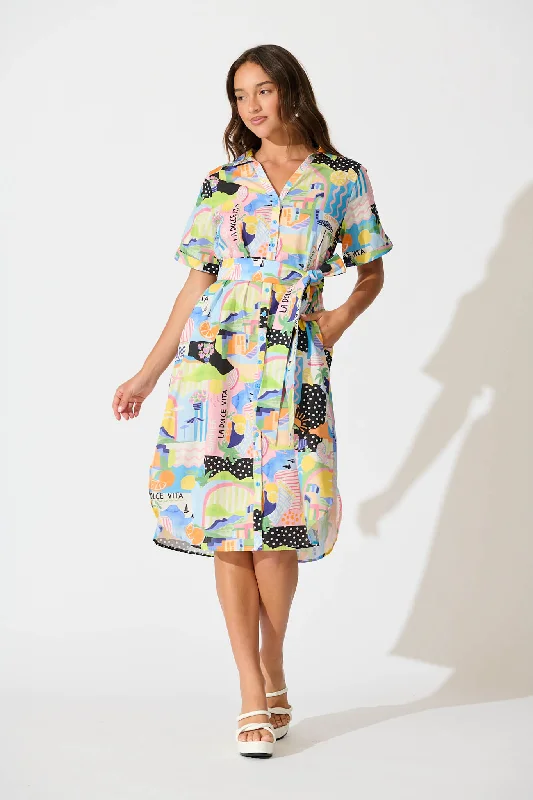 Saskia Midi Shirt Dress in Multi Summer Print Cotton