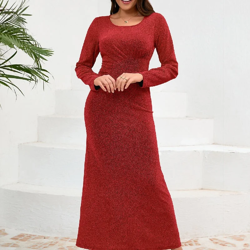 Round Neck Long Sleeve Evening Dress Slim Fit Party Maxi Dresses Wholesale Womens Clothing N3824082300037