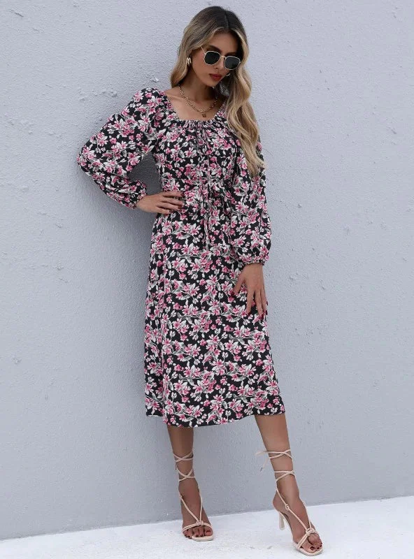 TastyHottie - LONG SLEEVE FLORAL SQUARE COLLAR PLEATED DRESS