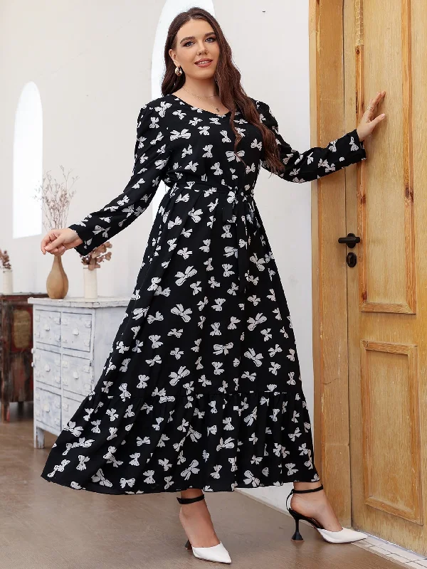 Elegant All Over Print Belted Long Sleeve V Neck Flared High Waist Long Plus Size Dress