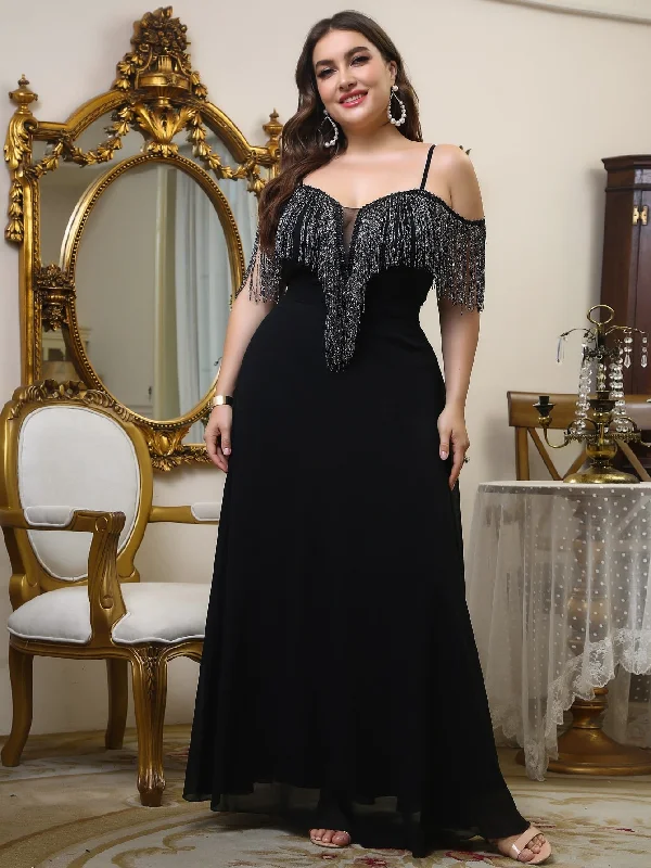 Glamorous Plain Fringe Sleeveless Cold Shoulder Flared High Waist Maxi Plus Size Dress