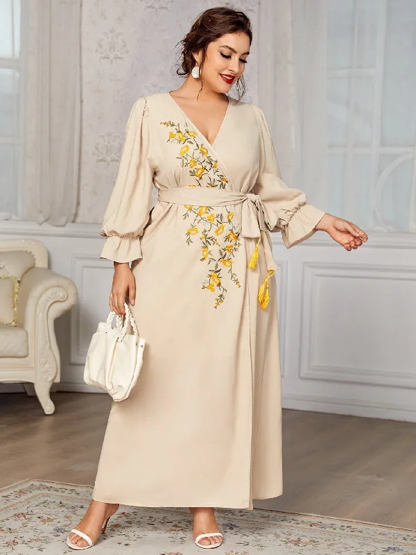 Boho Floral Embroidery Long Sleeve V Neck Flared High Waist Maxi Plus Size Dress