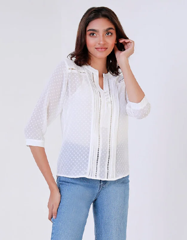 White Mandarin Collar Lace Pleats Top