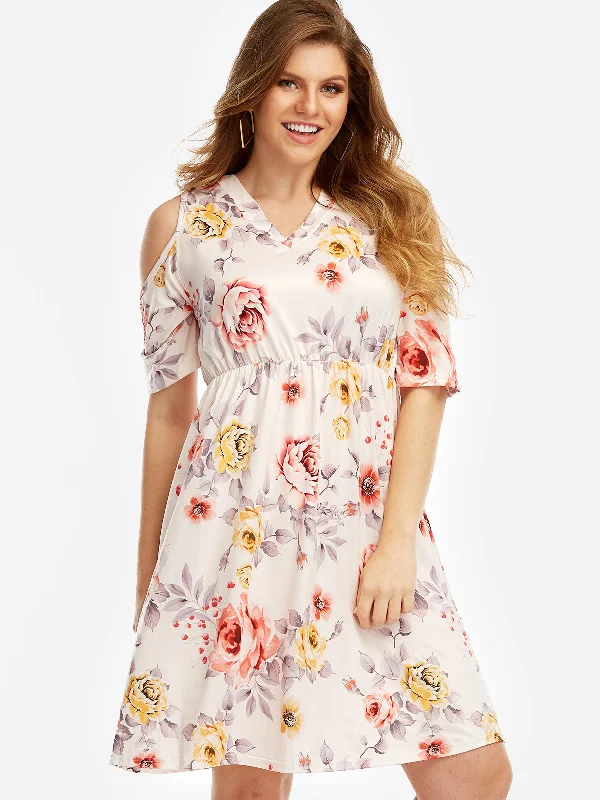 OEM ODM V-Neck Cold Shoulder Floral Print Cut Out Half Sleeve Plus Size Dresses