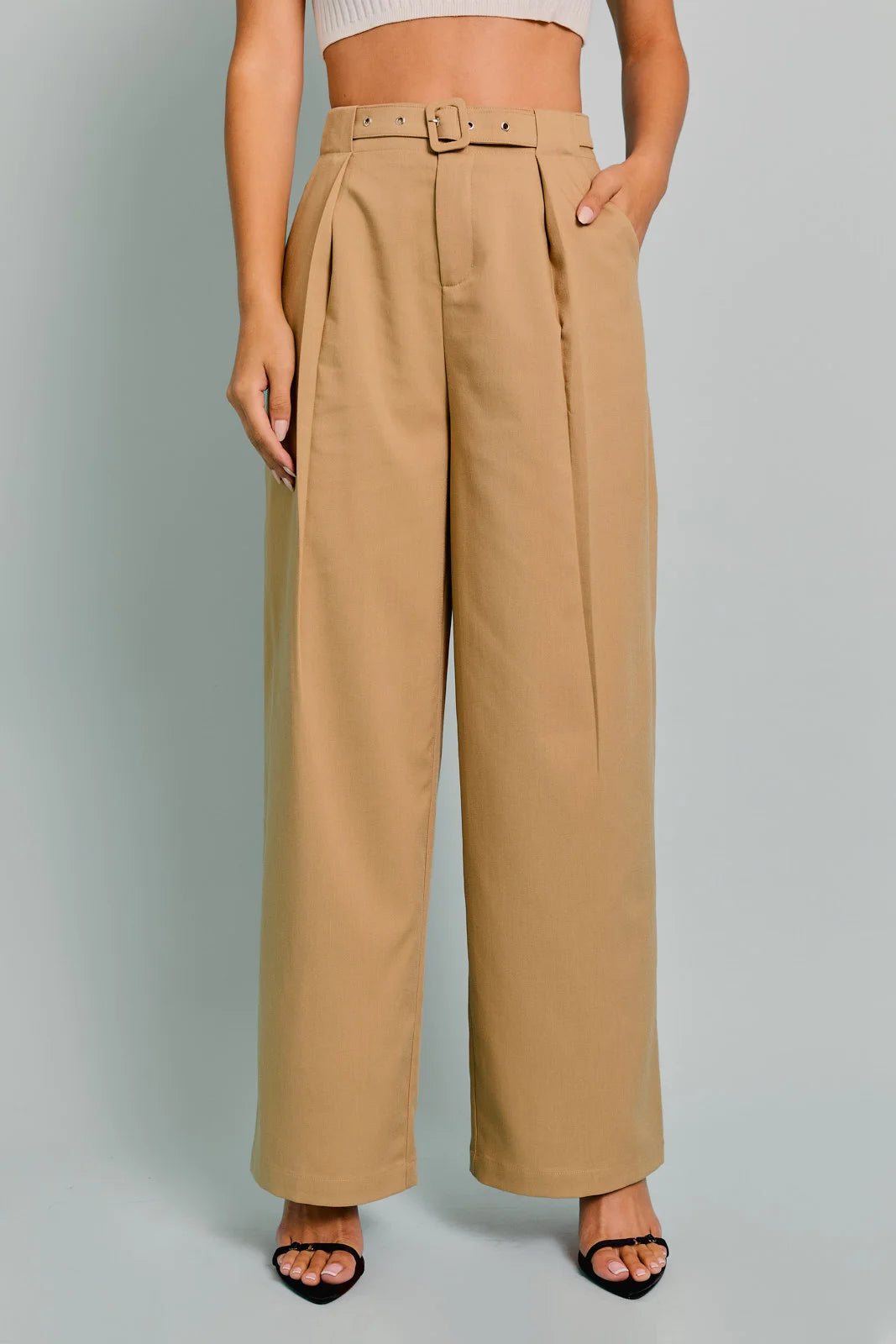 Camel Belted High Waist Wide Dressy Pants