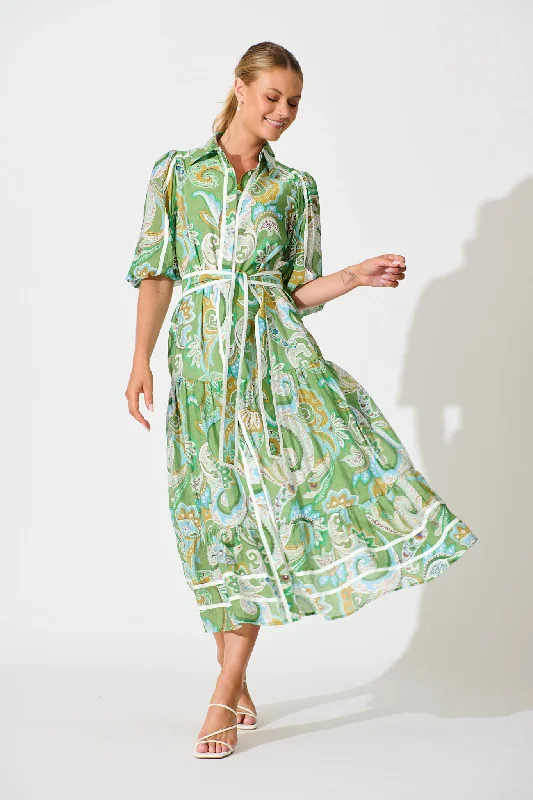 Dion Maxi Shirt Dress In Green Multi Print