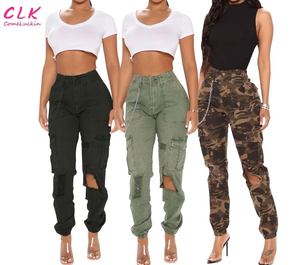 Hollow Out Ripped Jeans Women Casual Big Pocket Denim Trouser 2023 High Waist Stretch Camouflage Cargo Jeans Woman