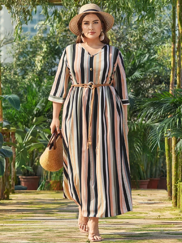 Modest Striped Button Front Three Quarter Length Sleeve V Neck Flared High Waist Maxi Plus Size Dress