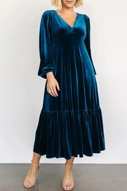 V-Neck Long Sleeve Midi Velvet Dress | Winter Dresses | Holiday Dresses