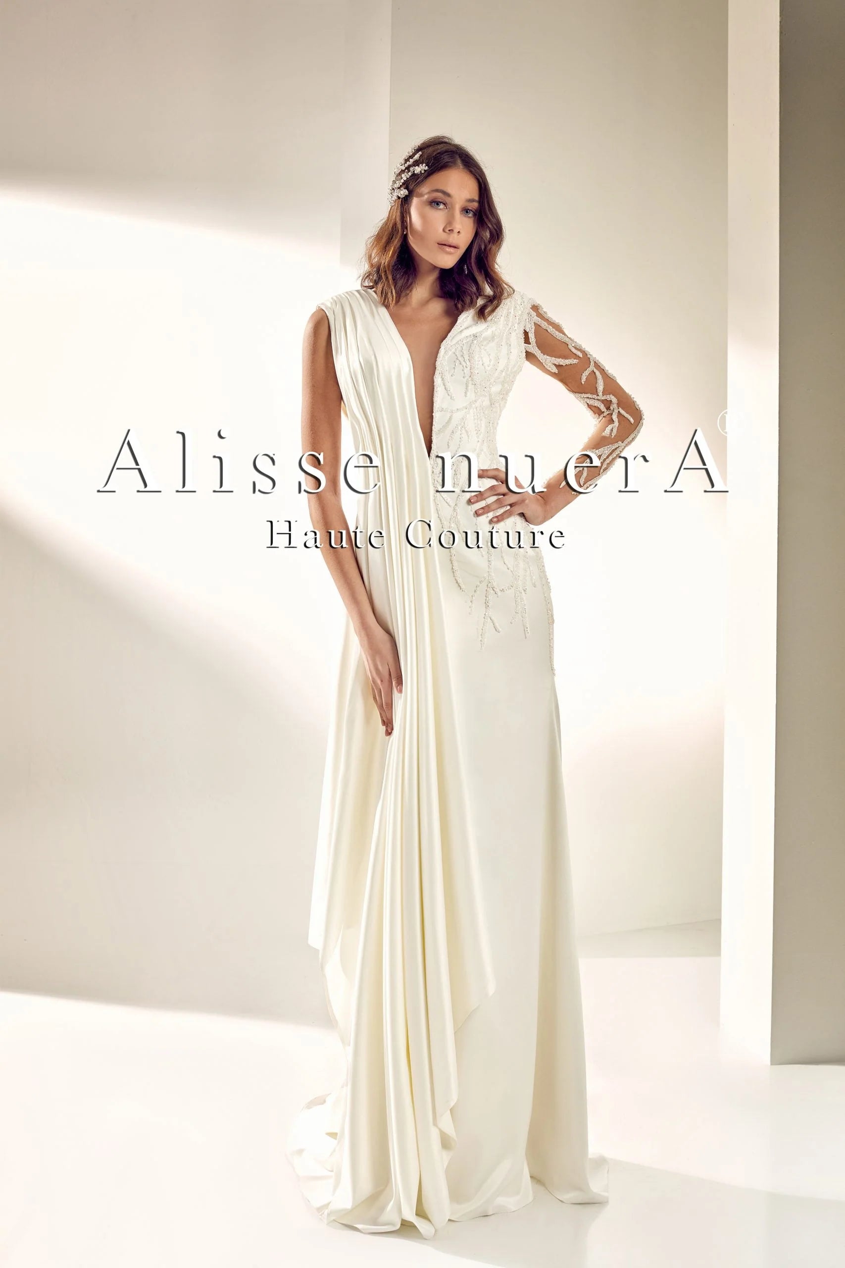 V Neck One Shoulder Drape Grecian Wedding Dress