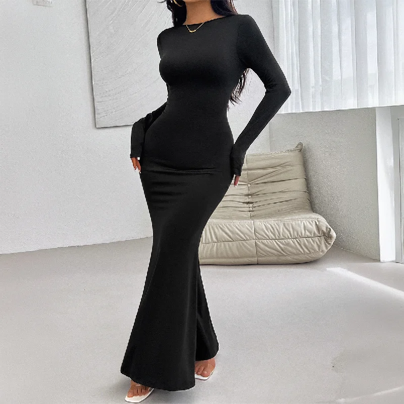 Sexy Slim Round Neck Solid Color Long Sleeve Dresses Wholesale Womens Clothing N3824080700060