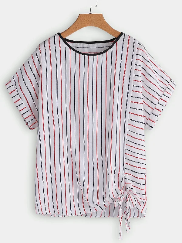 OEM ODM Round Neck Stripe Self-Tie Short Sleeve Plus Size Tops