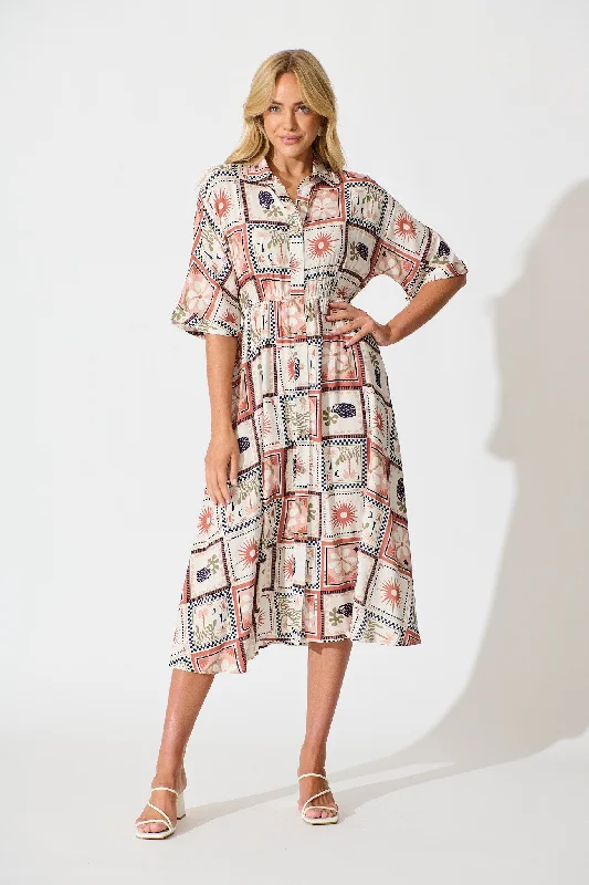 Charlotte Midi Shirt Dress In Cream With Rust Multi Patchwork Print