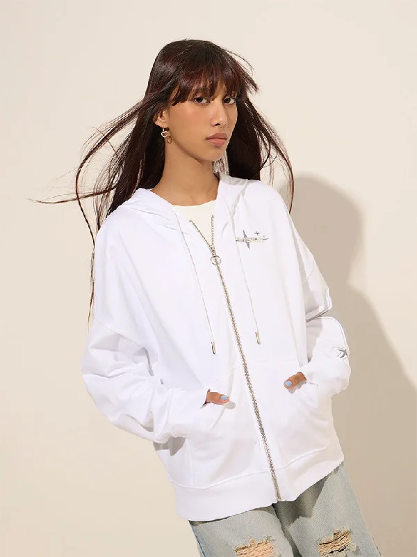 Nuon White Printed Cotton Hooded Jacket