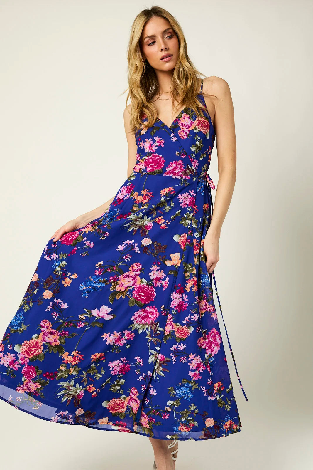 Sleeveless V Neck Wrap Floral Maxi Dress