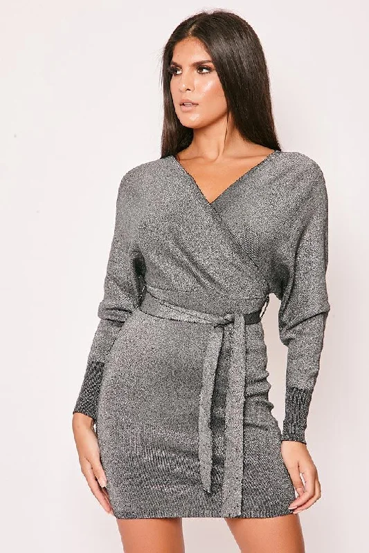 Emme - Black Shimmer Knitted Long Sleeve Jumper Dress