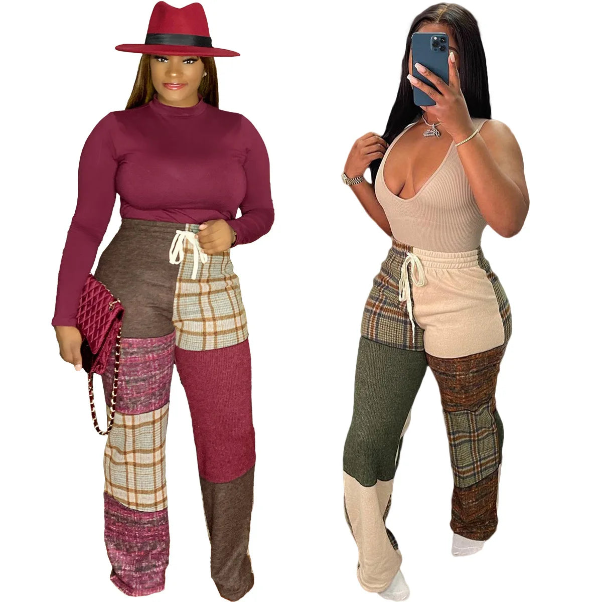 Print Plaid Bottom Ladies Casual Designer Pants Straight Plaid Pants for Female Ladies Loose Casual Plaid Patchwork Pants