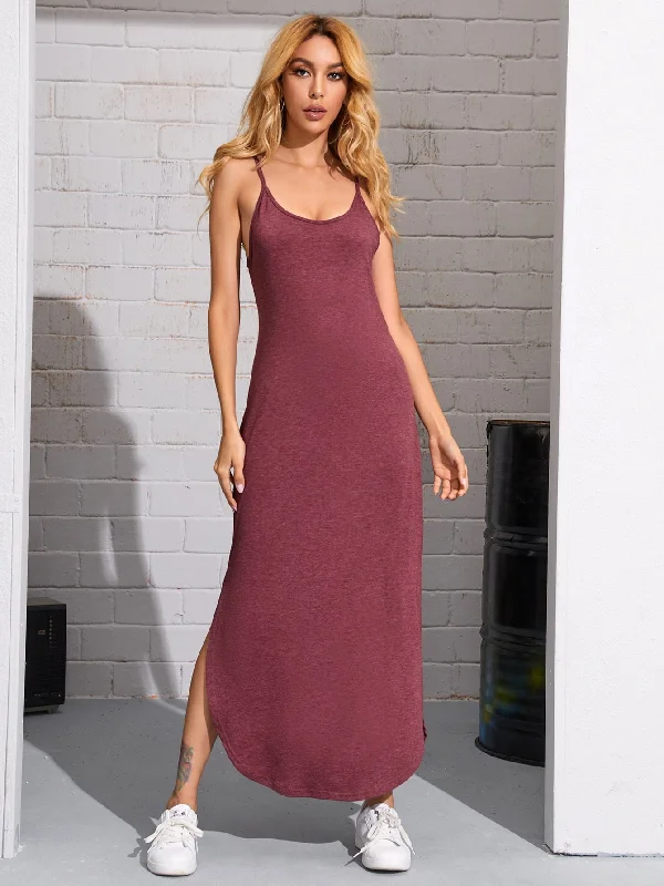 Plain Sleeveless Spaghetti Strap Natural Maxi Dress