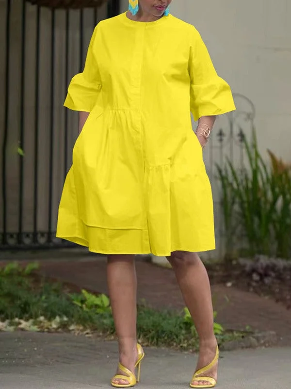 Solid Bell-Sleeve Shirt Dress--Clearance