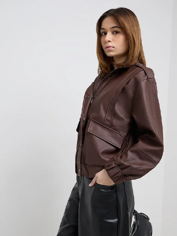 Nuon Dark Brown Faux Leather Jacket