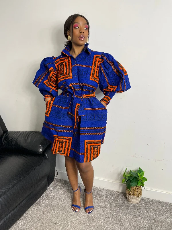 Jessi Ankara Shirt Dress | Blue and Orange African Print