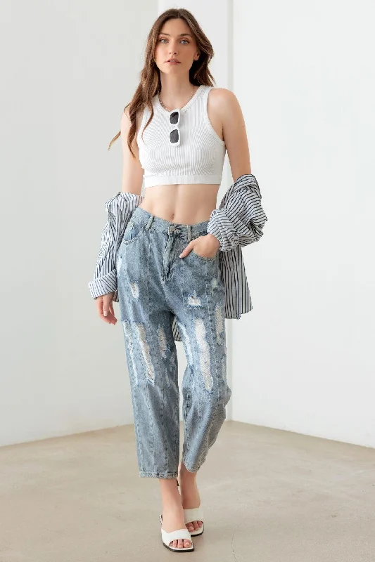 Light Blue Wash Barrel Leg High Waist Distressed Jeans