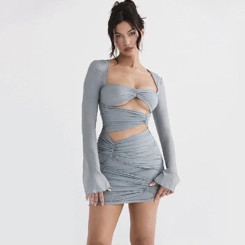 Ruched Cross Over Knitted Modern Long Sleeve Mini Dress