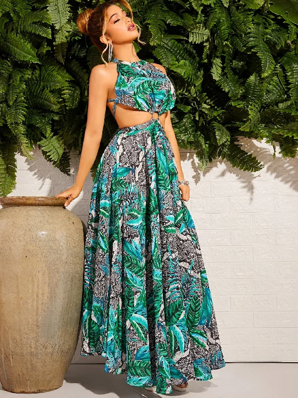 Snakeskin Print Zipper Sleeveless Halter Flared High Waist Maxi Dress