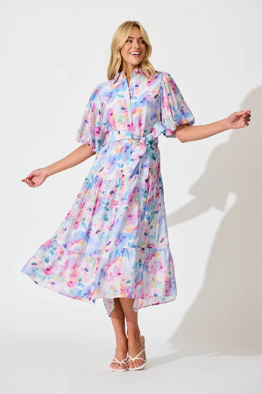 Rosina Maxi Shirt Dress in Pastel Watercolour Floral