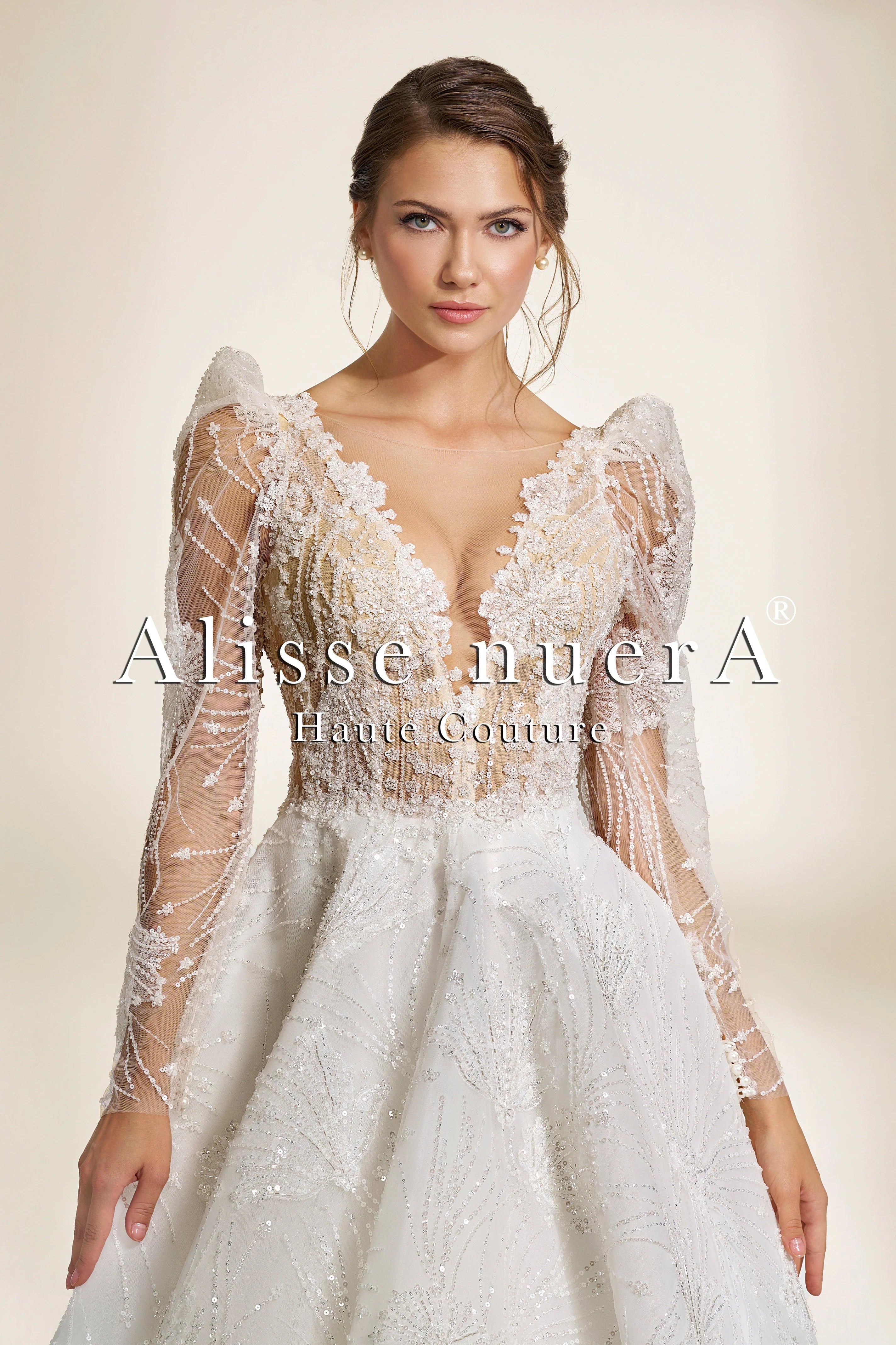 Deep V-Neck A-Line Wedding Dress with Sheer Beaded Long Sleeves and Lace Appliqués