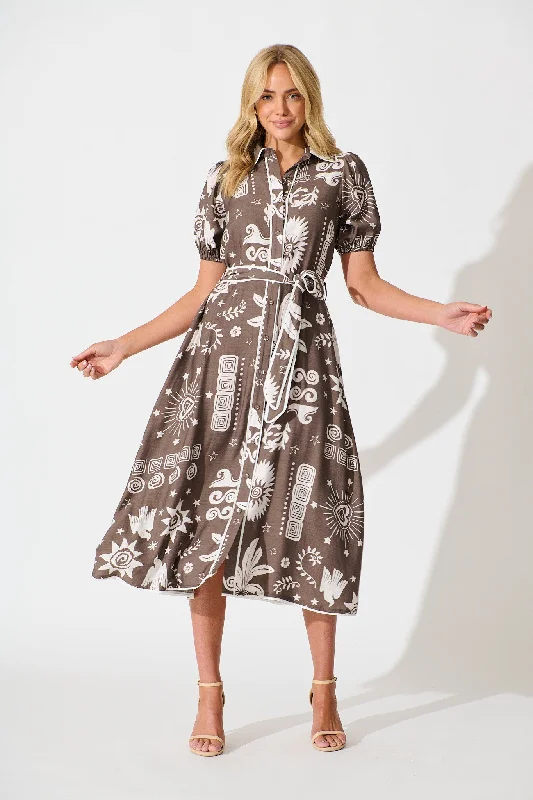 Norah Midi Shirt Dress in Mocha and White print