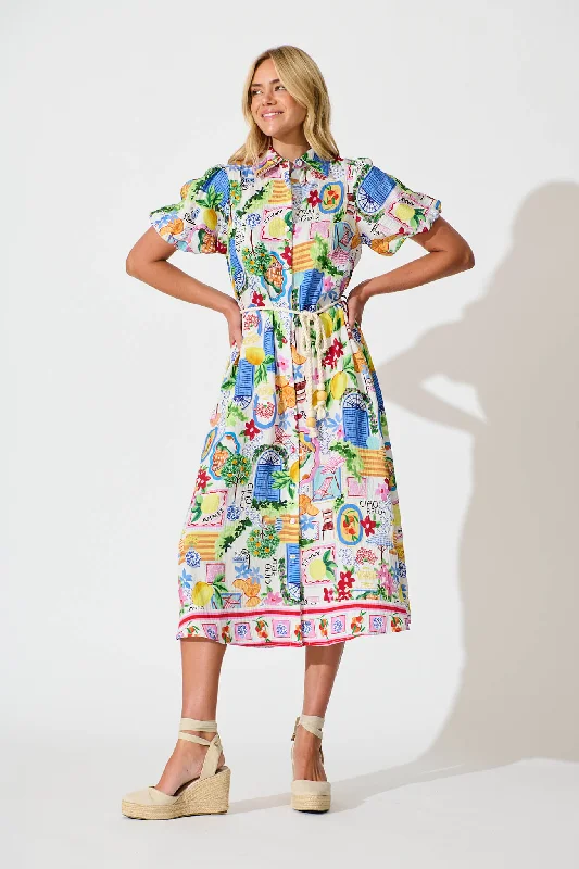 Dearest Midi Shirt Dress In White With Multi Print