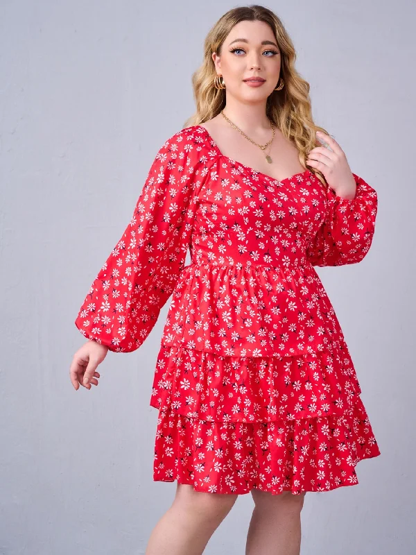 Boho All Over Print Tiered Layer Long Sleeve Sweetheart Layered/Tiered High Waist Short Plus Size Dress