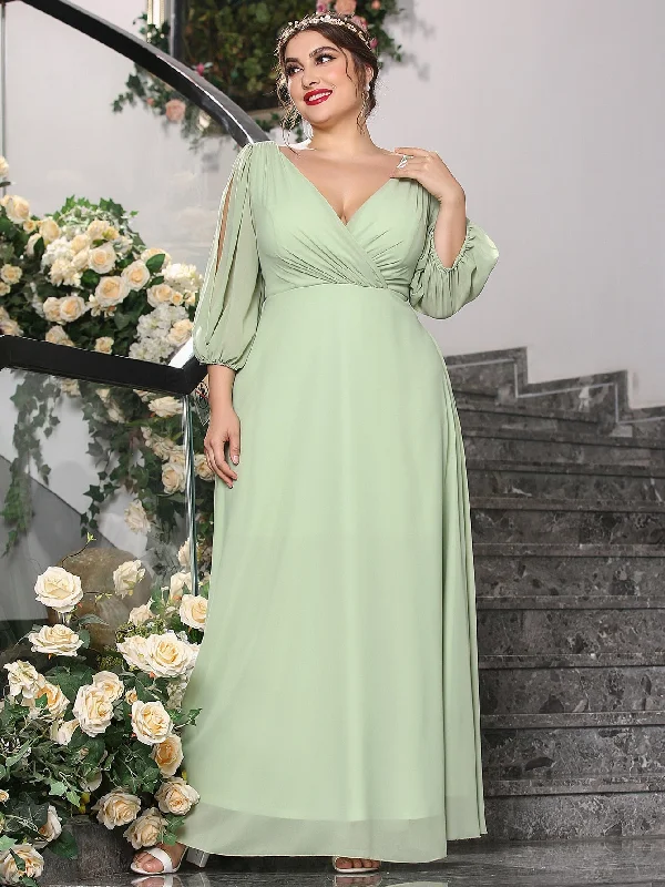 Elegant Plain Zipper Three Quarter Length Sleeve Deep V Neck Flared High Waist Maxi Plus Size Dress