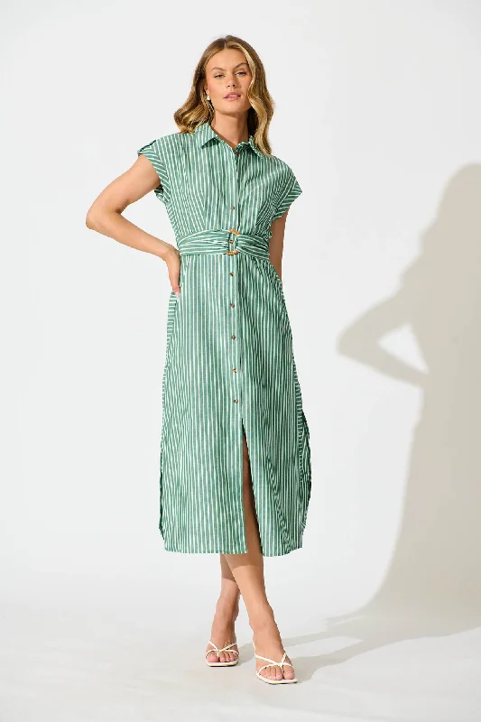 Olvera Midi Shirt Dress in Green Stripe Cotton Linen