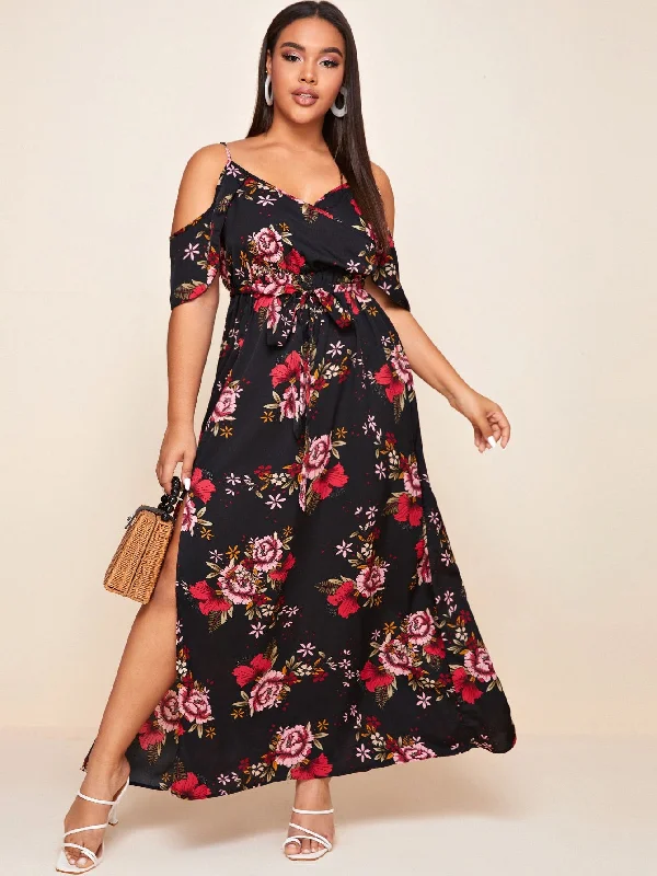 Boho Floral Split Thigh Half Sleeve Cold Shoulder Slit High Waist Maxi Plus Size Dress