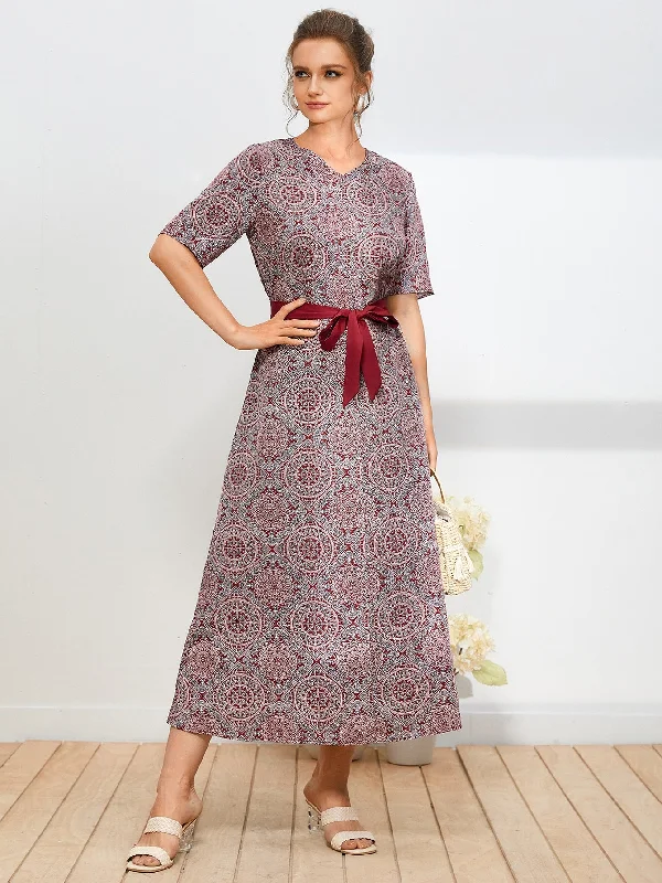 All Over Print Belted Half Sleeve V Neck Flared High Waist Long Dress