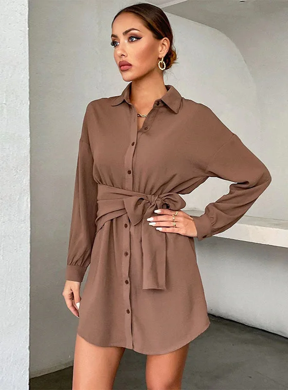 TastyHottie - CARDIGAN TIE LAPEL LONG SLEEVE SHIRT DRESS