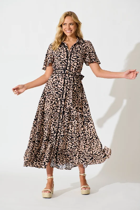 Roselle Maxi Shirt Dress in Brown Leopard Print