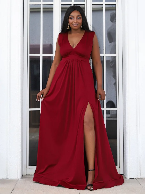 Glamorous Plain Split Thigh Sleeveless Deep V Neck Slit High Waist Maxi Plus Size Dress