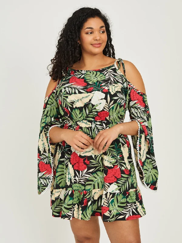 Boho All Over Print Ruffle Hem Long Sleeve Cold Shoulder Flounce High Waist Short Plus Size Dress