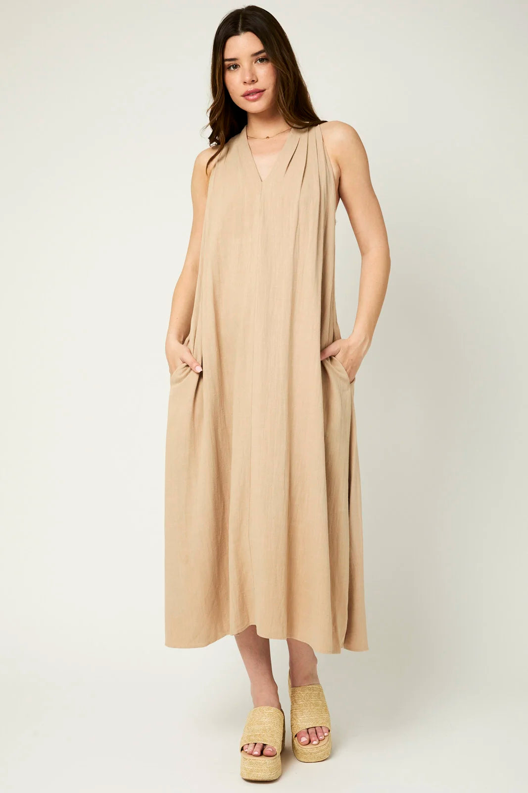 Pleated Shoulders Halter Side Pocket Maxi Dress