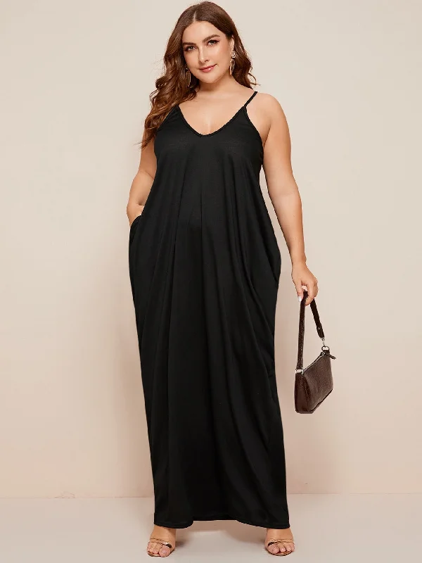 Casual Plain Pocket Sleeveless Spaghetti Strap Straight Natural Maxi Plus Size Dress