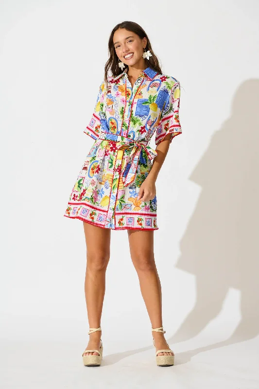 Miela Shirt Dress in White With Multi Print