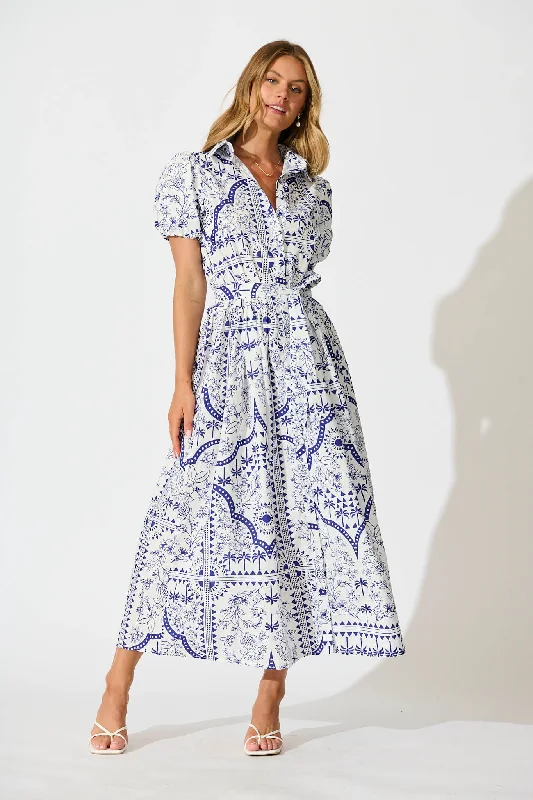 Delsanti Maxi Shirt Dress In White and Blue Cotton Linen