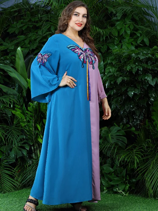 Modest Colorblock Ribbon Long Sleeve V Neck Flared Natural Maxi Plus Size Dress