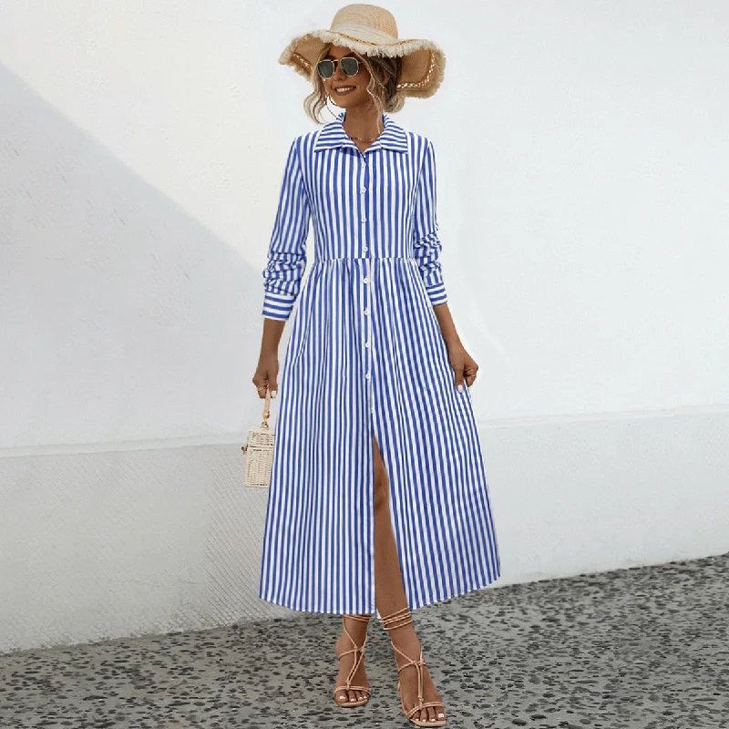 Striped Long Sleeve Button-up Maxi Dresses Wholesale Womens Clothing N3824082300036