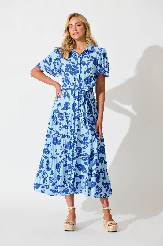 Roselle Maxi Shirt Dress in Blue Leaf Print