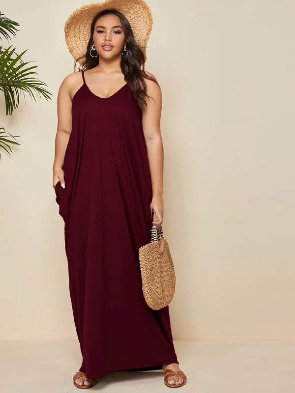 Boho Plain Pocket Sleeveless Spaghetti Strap Straight Natural Maxi Plus Size Dress